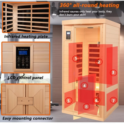 Moray 1-Person Indoor Hemlock Infrared Sauna with 8 Far-Infrared Carbon Crystal Heaters and Chromotherapy