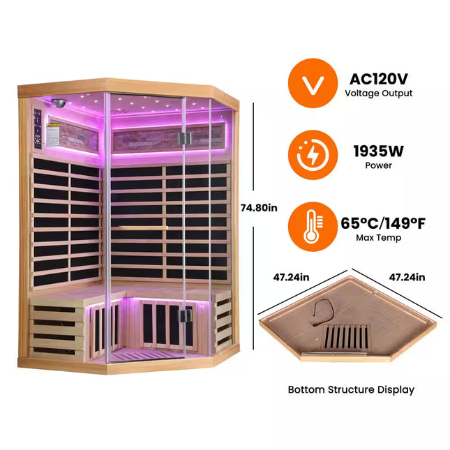 Moray 2-Person Indoor Pentagonal Infrared Sauna in Hemlock with 7 Far-Infrared Carbon Crystal Heaters and Glass Door