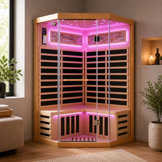 Moray 2-Person Indoor Pentagonal Infrared Sauna in Hemlock with 7 Far-Infrared Carbon Crystal Heaters and Glass Door