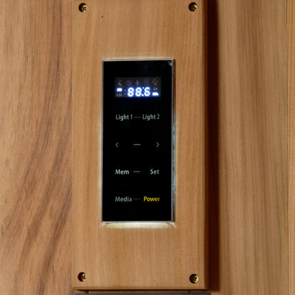 Golden Designs 2025 Updated Sundsvall Edition 2 Person Traditional Sauna - Canadian Red Cedar Interior and Pacific Premium Clear Cedar Exterior – control panel
