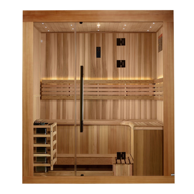 Golden Designs 2025 Updated Copenhagen Edition 3 Person Traditional Sauna - Canadian Red Cedar Interior and Pacific Premium Clear Cedar Exterior
