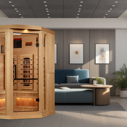 Golden Designs 3-Person Corner Full Spectrum PureTech™ Near Zero EMF FAR Infrared Sauna with Himalayan Salt Bar – in a room setting