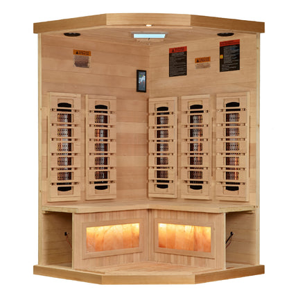 Golden Designs 3-Person Corner Full Spectrum PureTech™ Near Zero EMF FAR Infrared Sauna with Himalayan Salt Bar – photo 1