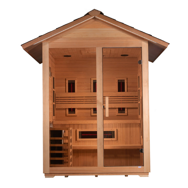 Golden Designs Carinthia 3 Person Hybrid (PureTech™ Full Spectrum IR or Traditional Stove) Outdoor Sauna - Canadian Hemlock