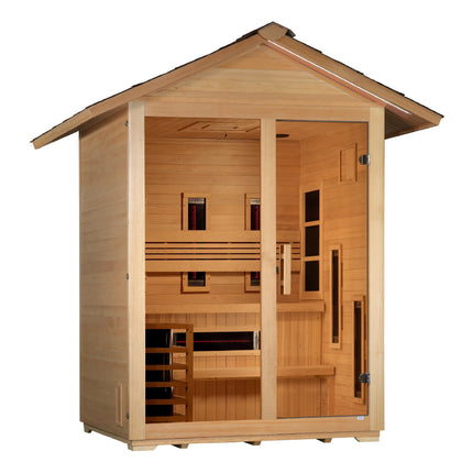 Golden Designs Carinthia 3 Person Hybrid (PureTech™ Full Spectrum IR or Traditional Stove) Outdoor Sauna - Canadian Hemlock