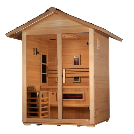 Golden Designs Carinthia 3 Person Hybrid (PureTech™ Full Spectrum IR or Traditional Stove) Outdoor Sauna - Canadian Hemlock