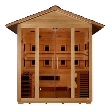 Golden Designs Gargellen 5 Person Hybrid (PureTech™ Full Spectrum IR or Traditional Stove) Outdoor Sauna - Canadian Hemlock