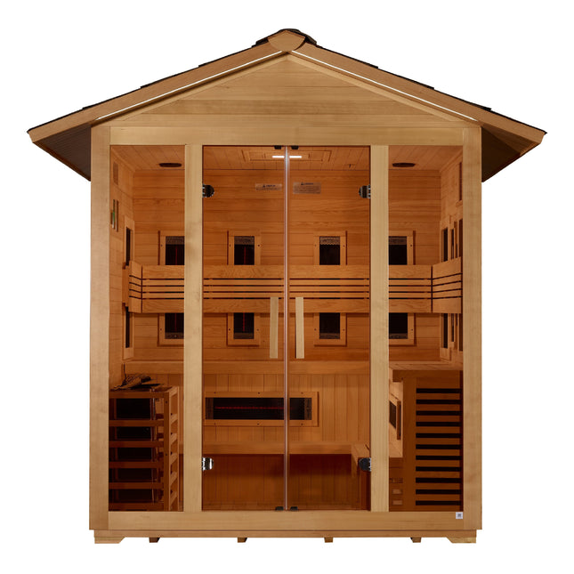 Golden Designs Gargellen 5 Person Hybrid (PureTech™ Full Spectrum IR or Traditional Stove) Outdoor Sauna - Canadian Hemlock