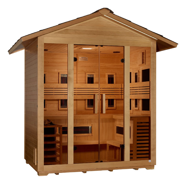 Golden Designs Gargellen 5 Person Hybrid (PureTech™ Full Spectrum IR or Traditional Stove) Outdoor Sauna - Canadian Hemlock
