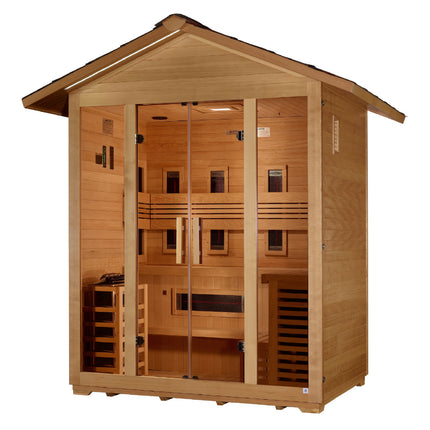 Golden Designs Gargellen 5 Person Hybrid (PureTech™ Full Spectrum IR or Traditional Stove) Outdoor Sauna - Canadian Hemlock