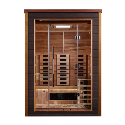 Golden Designs Nora 2 Person Hybrid (PureTech™ Full Spectrum IR or Traditional Stove) Outdoor Sauna (GDI-8222-01) - Canadian Red Cedar Interior