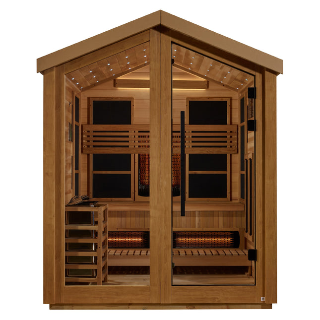 Golden Designs Loviisa 3 Person Hybrid (PureTech™ Full Spectrum IR or Traditional Stove) Outdoor Sauna (GDI-8523-01) - Canadian Red Cedar Interior