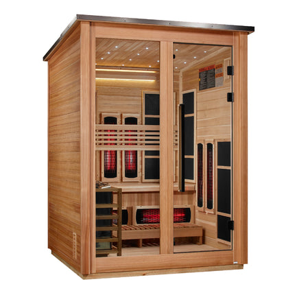 Golden Designs Loviisa 3 Person Hybrid (PureTech™ Full Spectrum IR or Traditional Stove) Outdoor Sauna (GDI-8523-01) - Canadian Red Cedar Interior