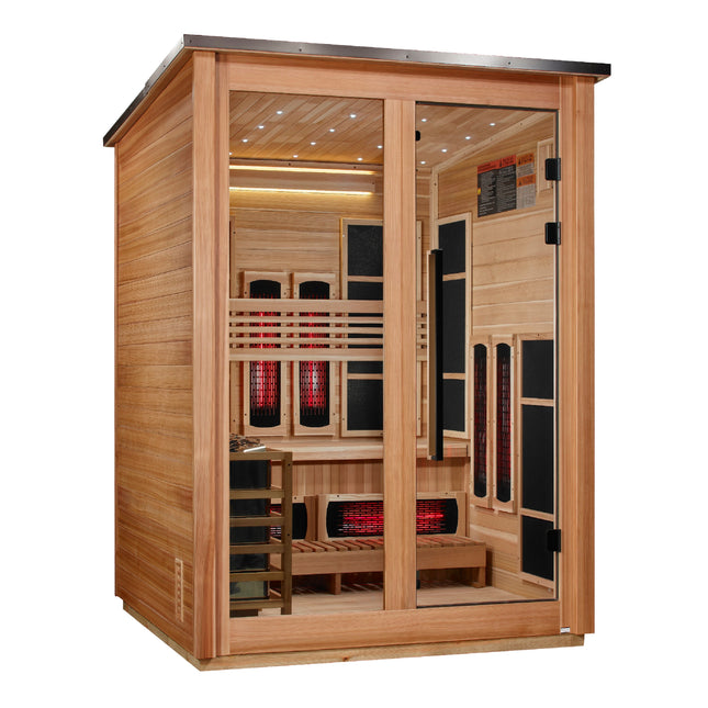Golden Designs Loviisa 3 Person Hybrid (PureTech™ Full Spectrum IR or Traditional Stove) Outdoor Sauna (GDI-8523-01) - Canadian Red Cedar Interior