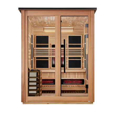 Golden Designs Loviisa 3 Person Hybrid (PureTech™ Full Spectrum IR or Traditional Stove) Outdoor Sauna (GDI-8523-01) - Canadian Red Cedar Interior