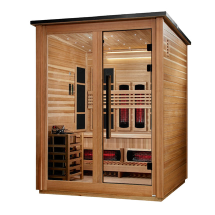 Golden Designs Loviisa 3 Person Hybrid (PureTech™ Full Spectrum IR or Traditional Stove) Outdoor Sauna (GDI-8523-01) - Canadian Red Cedar Interior