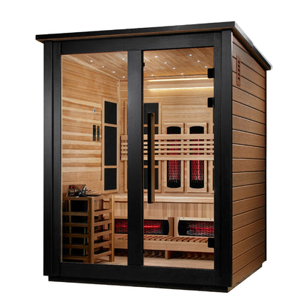 Golden Designs Loviisa 3 Person Hybrid (PureTech™ Full Spectrum IR or Traditional Stove) Outdoor Sauna (GDI-8523-03) - Canadian Red Cedar Interior, 2 Tone Finish