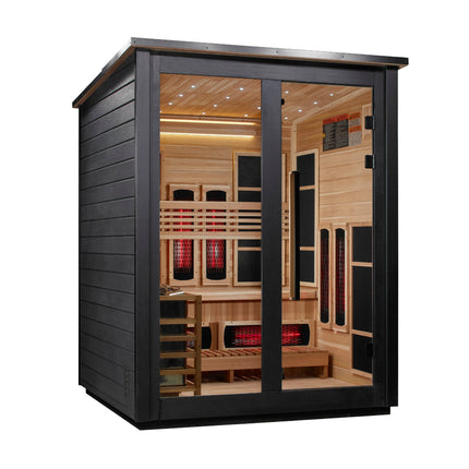 Golden Designs Loviisa 3 Person Hybrid (PureTech™ Full Spectrum IR or Traditional Stove) Outdoor Sauna (GDI-8523-04) - Canadian Red Cedar Interior, Black Finish