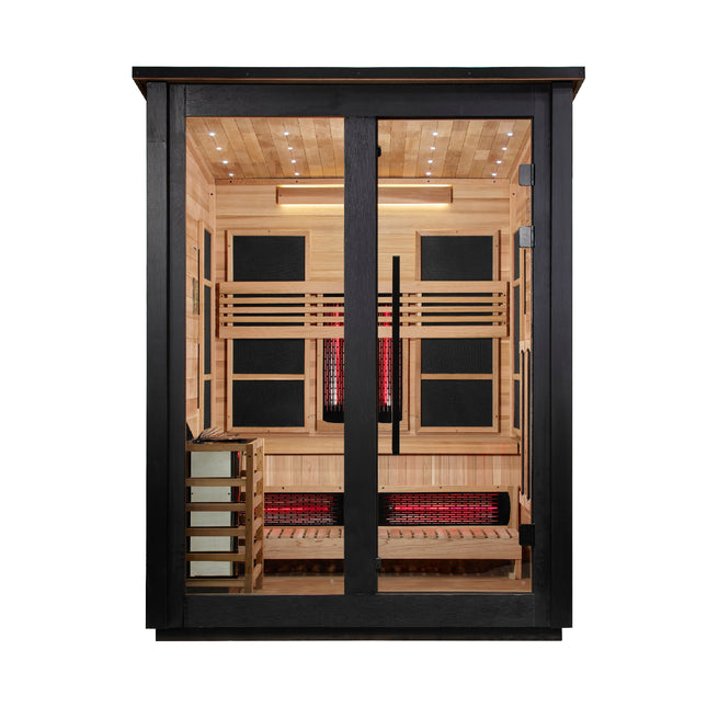 Golden Designs Loviisa 3 Person Hybrid (PureTech™ Full Spectrum IR or Traditional Stove) Outdoor Sauna (GDI-8523-04) - Canadian Red Cedar Interior, Black Finish