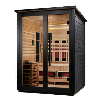 Golden Designs Loviisa 3 Person Hybrid (PureTech™ Full Spectrum IR or Traditional Stove) Outdoor Sauna (GDI-8523-04) - Canadian Red Cedar Interior, Black Finish