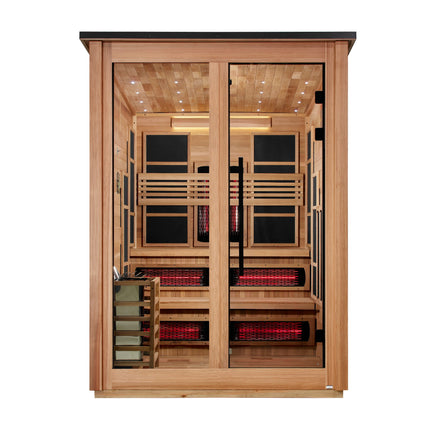 Golden Designs Kaskinen 6 Person Hybrid (PureTech™ Full Spectrum IR or Traditional Stove) Outdoor Sauna (GDI-8526-01) - Canadian Red Cedar Interior