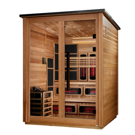 Golden Designs Kaskinen 6 Person Hybrid (PureTech™ Full Spectrum IR or Traditional Stove) Outdoor Sauna (GDI-8526-01) - Canadian Red Cedar Interior