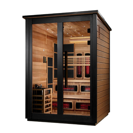 Golden Designs Kaskinen 6 Person Hybrid (PureTech™ Full Spectrum IR or Traditional Stove) Outdoor Sauna (GDI-8526-03) - Canadian Red Cedar Interior, 2 Tone Finish