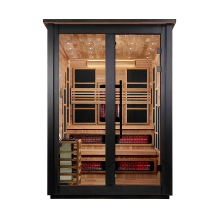 Golden Designs Kaskinen 6 Person Hybrid (PureTech™ Full Spectrum IR or Traditional Stove) Outdoor Sauna (GDI-8526-04) - Canadian Red Cedar Interior, Black Finish
