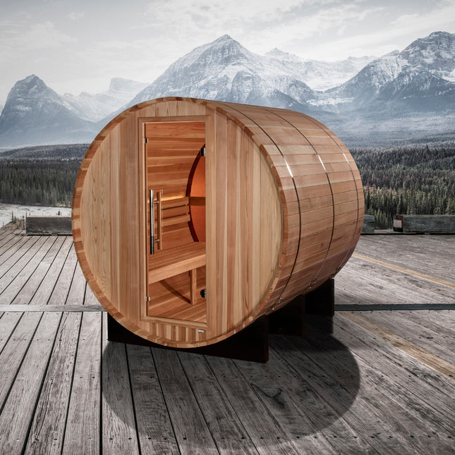 Golden Designs Zurich 4 Person Barrel with Bronze Privacy View - Traditional Sauna - Pacific Cedar