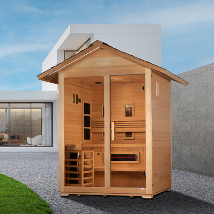 Golden Designs Carinthia 3 Person Hybrid Outdoor Sauna - Canadian Hemlock – in an outdoor setting