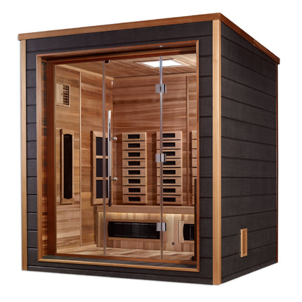 Golden Designs Visby 3 Person Hybrid (PureTech™ Full Spectrum IR or Traditional Stove) Outdoor Sauna (GDI-8223-01) - Canadian Red Cedar Interior