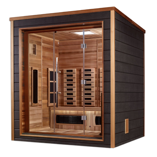 Golden Designs Visby 3 Person Hybrid (PureTech™ Full Spectrum IR or Traditional Stove) Outdoor Sauna (GDI-8223-01) - Canadian Red Cedar Interior