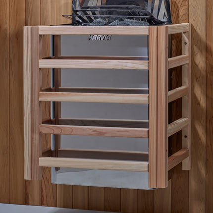 Golden Designs St. Moritz 2 Person Barrel Traditional Sauna - Pacific Cedar – Harvia stove mounted inside the sauna