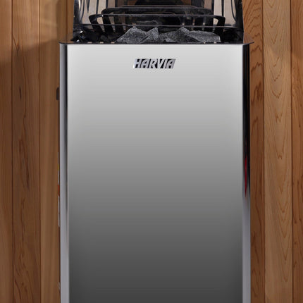 Golden Designs Klosters 6 Person Barrel Traditional Sauna - Pacific Cedar – Harvia stove mounted inside the sauna