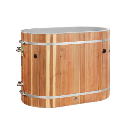 Dynamic Cold Therapy DCT Oval Barrel Tub Pacific Cedar - 3/4 IN-OUT without Motor – front view with valves