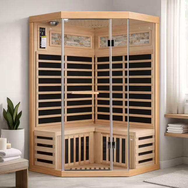 Moray 2-Person Indoor Pentagonal Infrared Sauna in Hemlock with 7 Far-Infrared Carbon Crystal Heaters and Glass Door